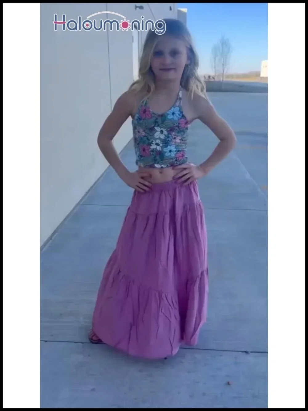 Girls Elastic Waist Maxi Skirt Tiered Pleated A-Line with Pockets